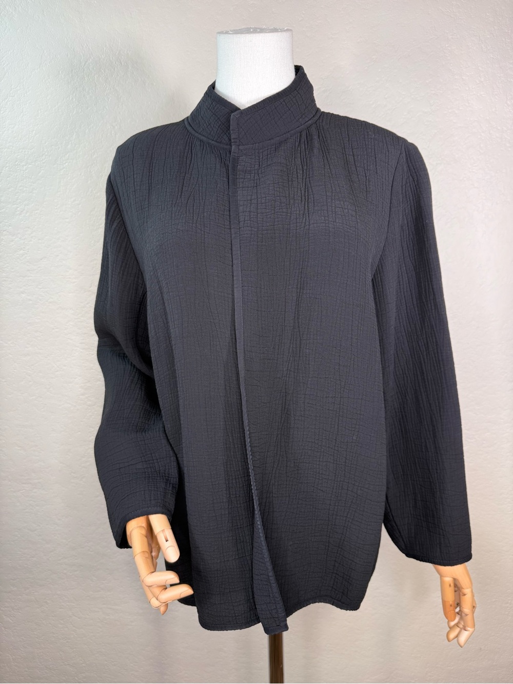 Vintage Eileen Fisher Textured Open Front Stand Collar Jacket Size Medium EUC